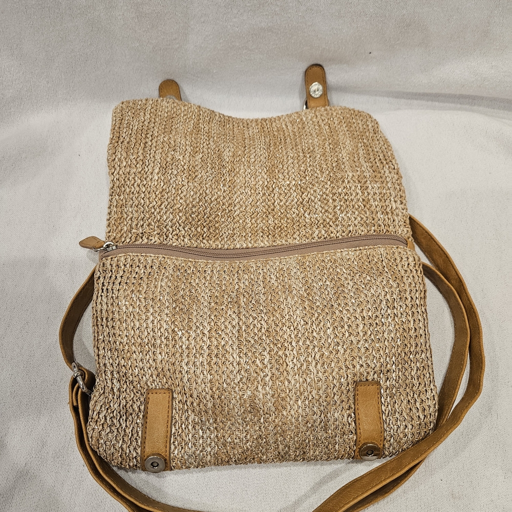Olivia + Joy Tan and Brown Woven Crossbody Bag With Buckle And Ring Accents - Picture 6 of 9